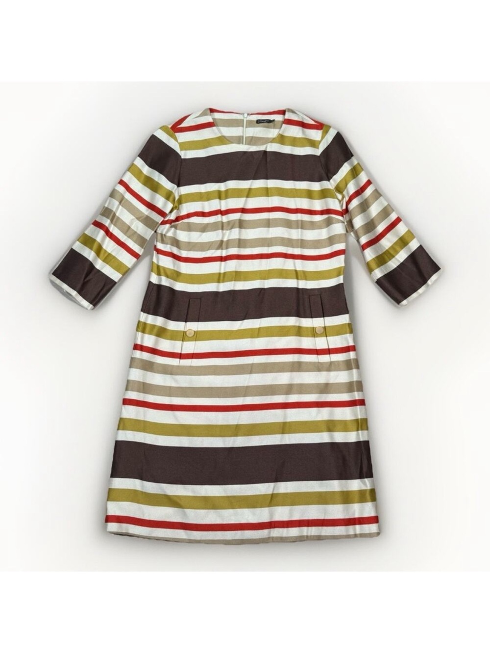 J McLaughlin Striped Shift Dress Red Green Brown 3/4 Sleeve Pockets Size 12 - Picture 2 of 12